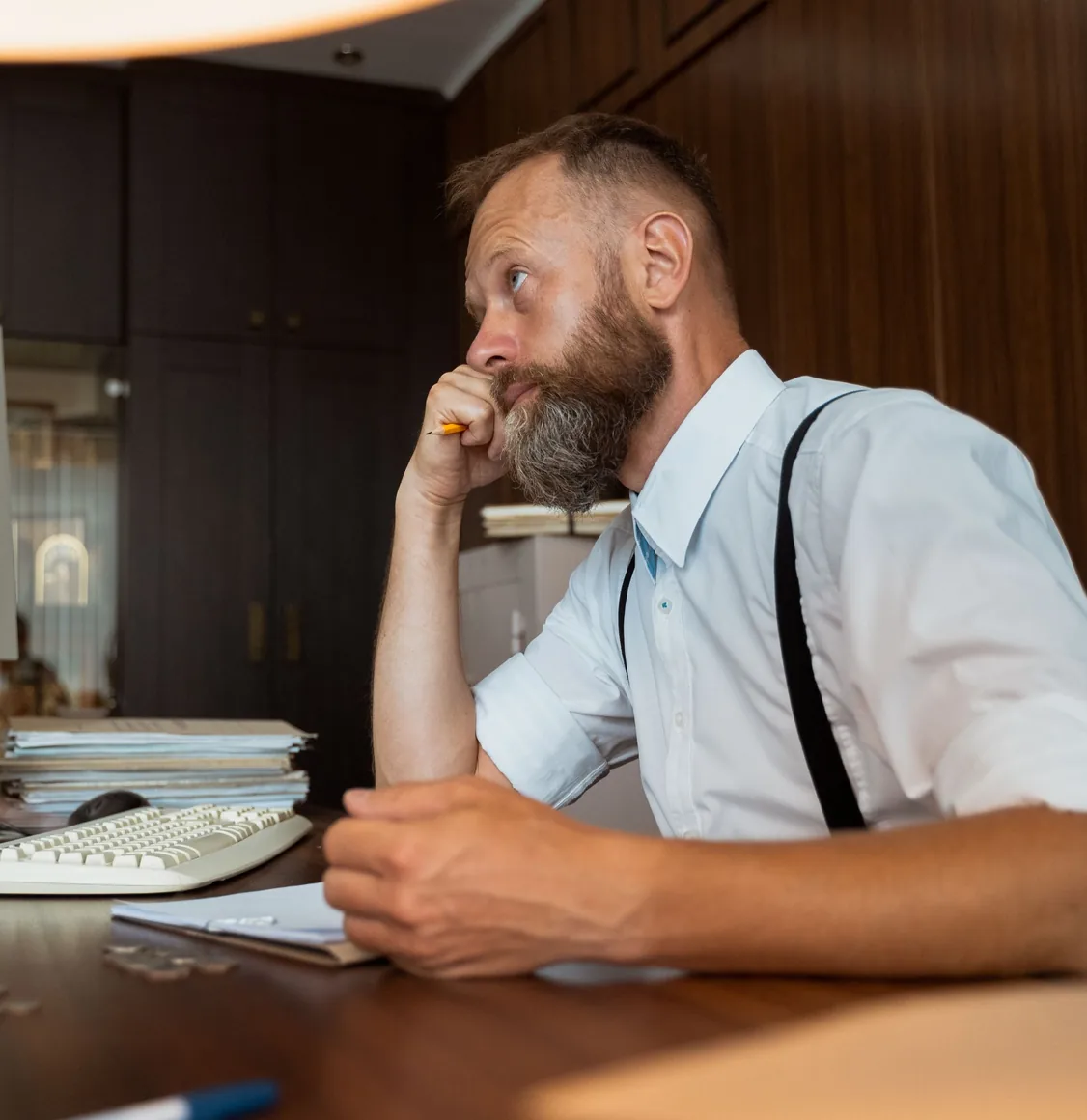 A bearded owner in braces sits at his wooden desk, chin resting on his hand, looking up as he thinks something through