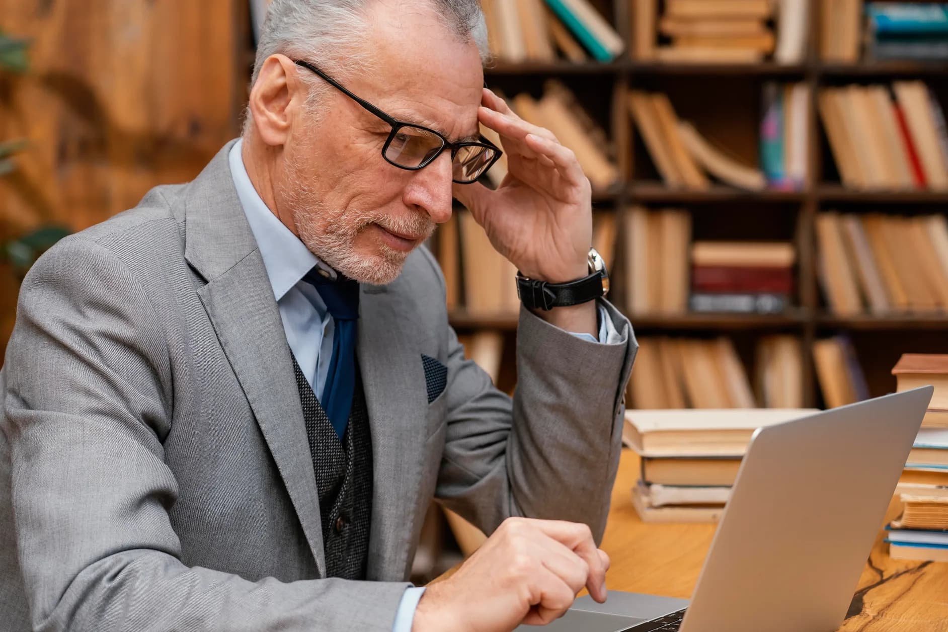 A gray haired owner in a gray suit and glasses rests a hand on his temple as he studies the numbers on his laptop, bookshelves behind him