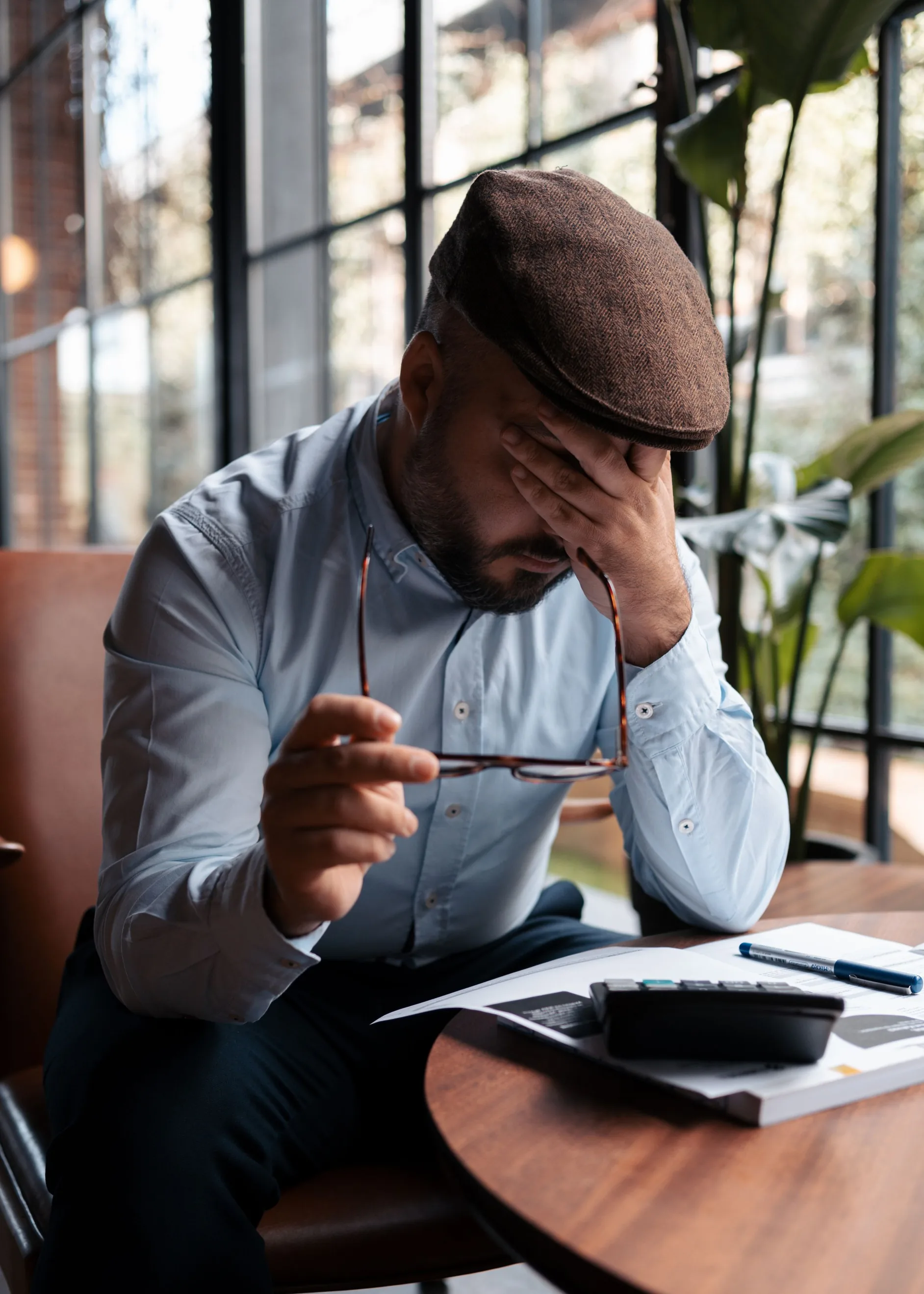 An owner in a flat cap rests his head in his hand over paperwork and a calculator, his glasses in the other hand